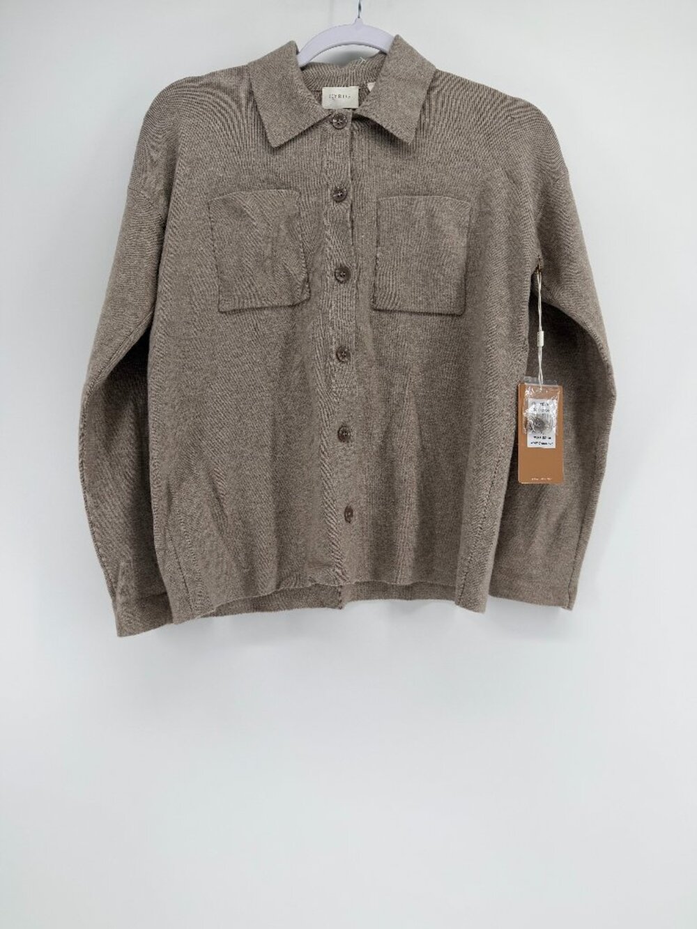 Cyrus NYC The Relaxed Shirt Cardigan Sweater Shacket Taupe Brown Women's NWT